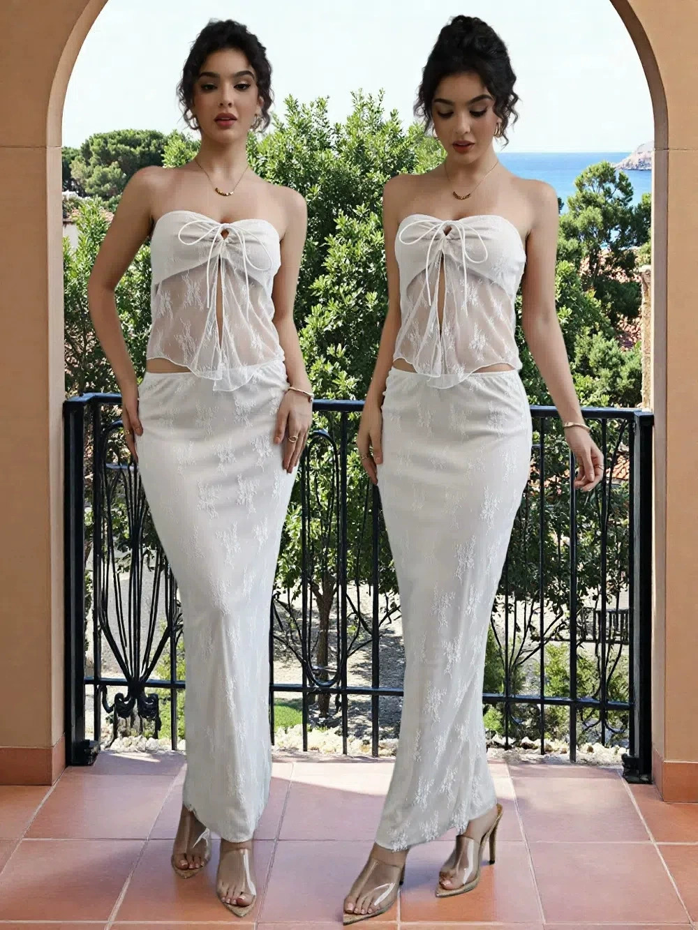 Forever 21 Thai Lace Tube Top Skirt Set Vacation Slim